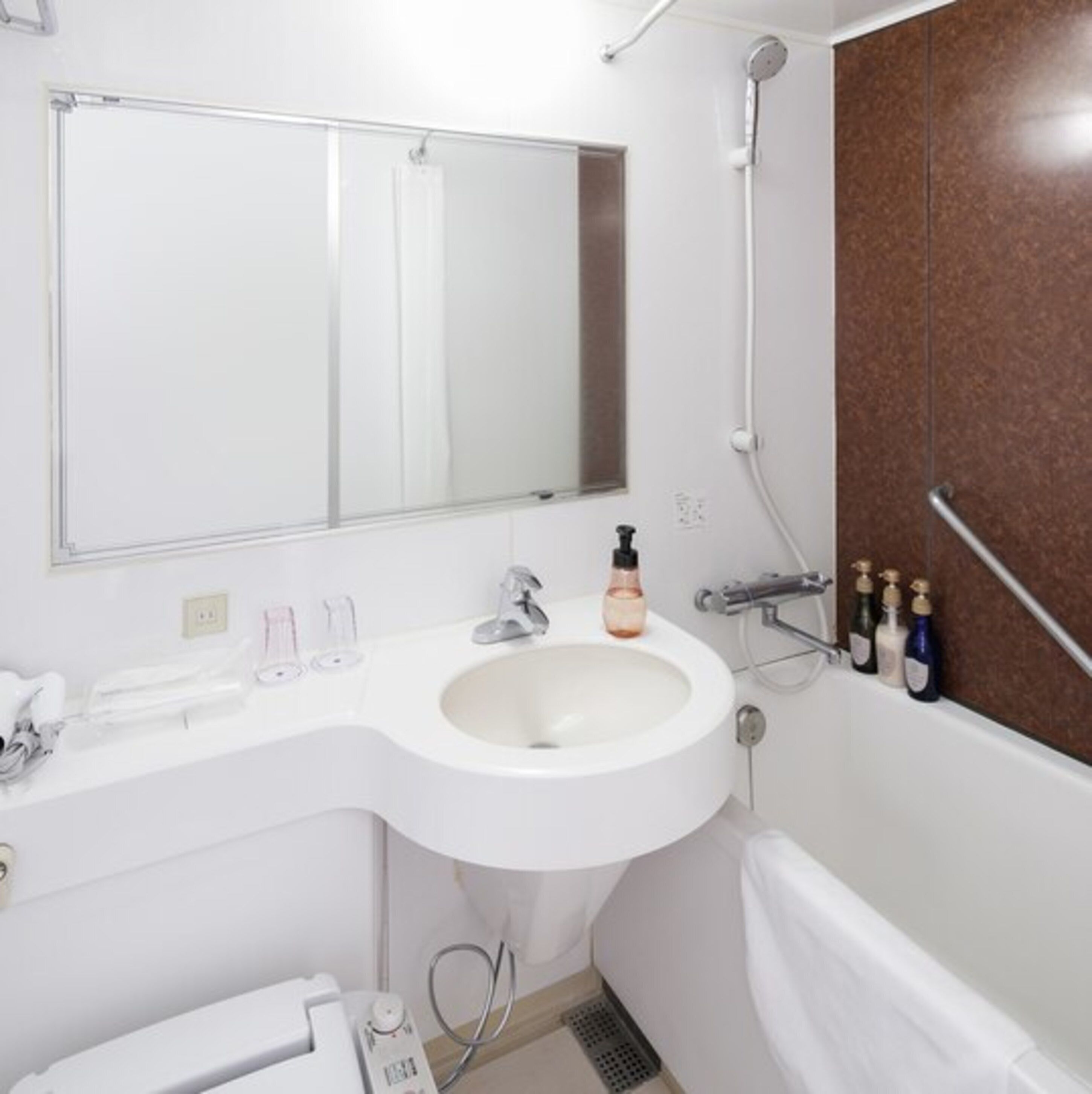 combined shower/bathtub, free toiletries, hair dryer, slippers