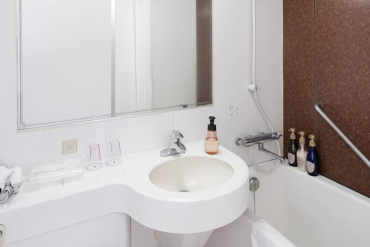 combined shower/bathtub, free toiletries, hair dryer, slippers