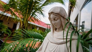 A statue of a woman with a headscarf, surrounded by green foliage and a building with a red roof in the background. - Spayhiti (Sihanoukville)