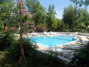 Outdoor pool, pool umbrellas, pool loungers