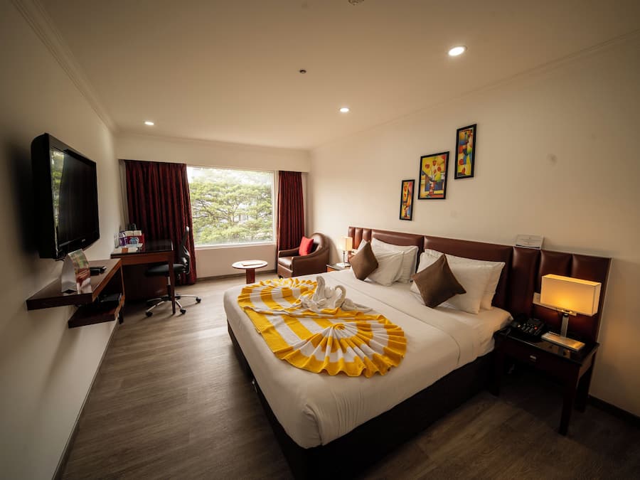 A hotel room with a bed, a desk, a television, a window with curtains, and artwork on the wall.