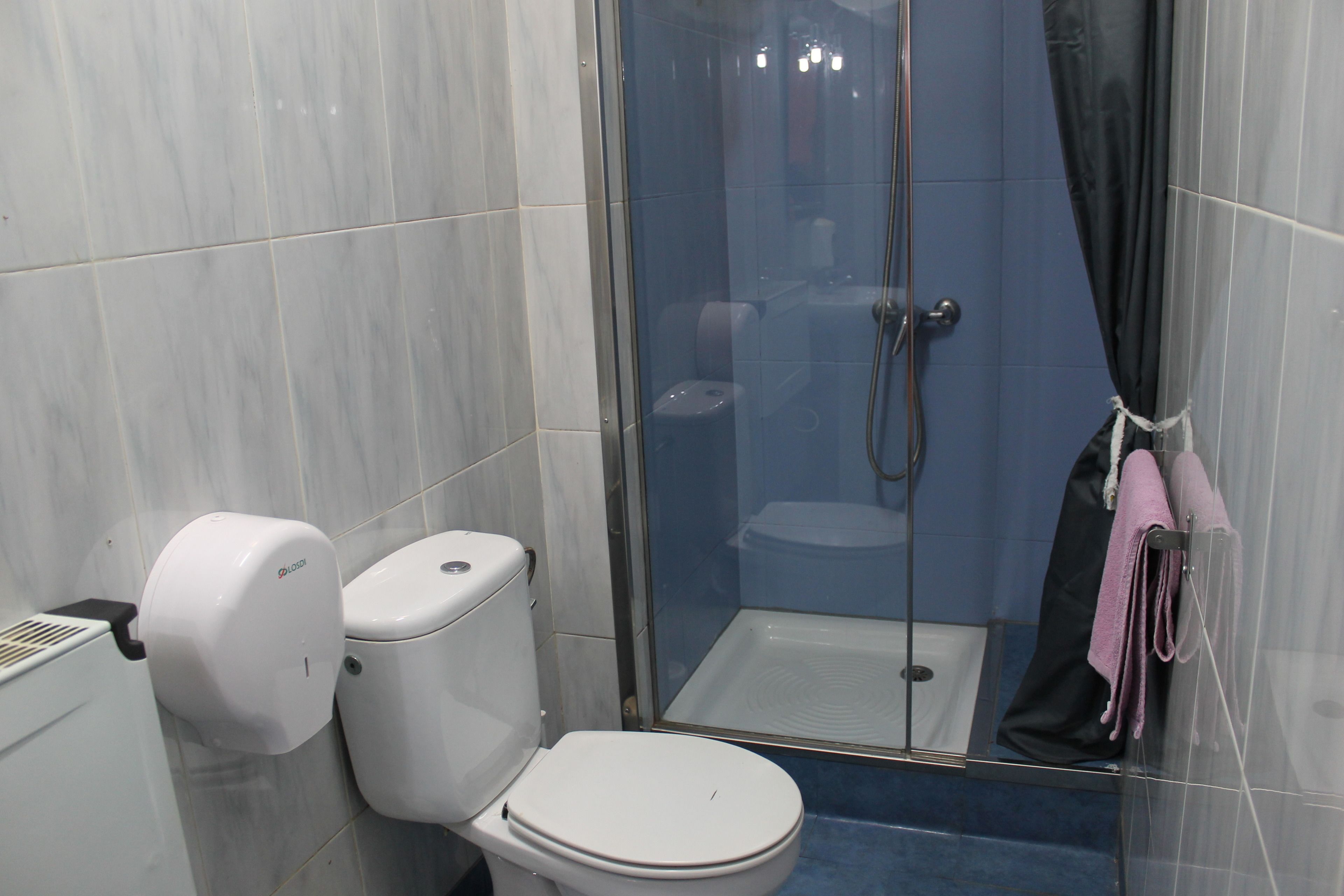 Shower, towels, soap, toilet paper