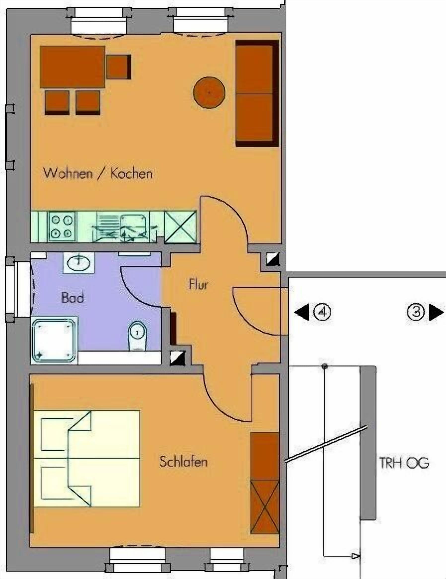 A floor plan with a living room/kitchen area, bathroom, and bedroom.
