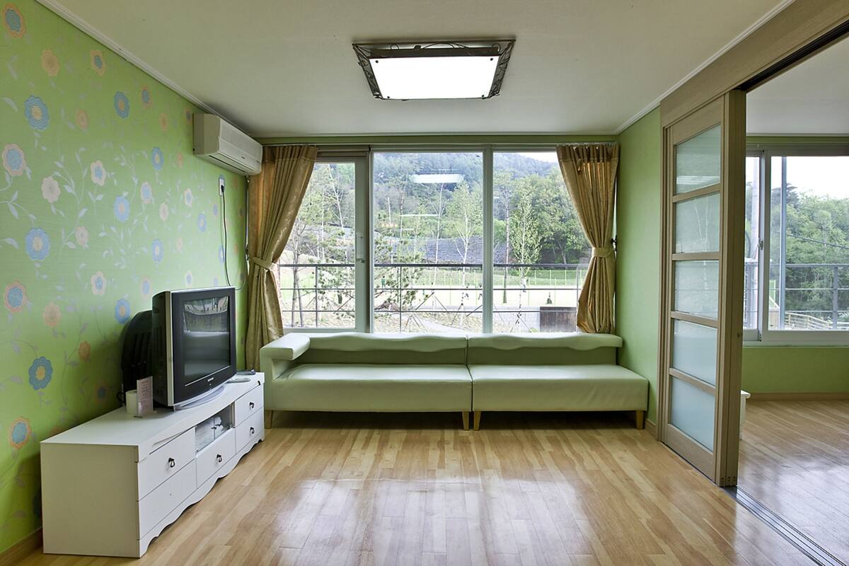 Une pièce avec une grande fenêtre, un canapé, un téléviseur posé sur un meuble et un plancher en bois.