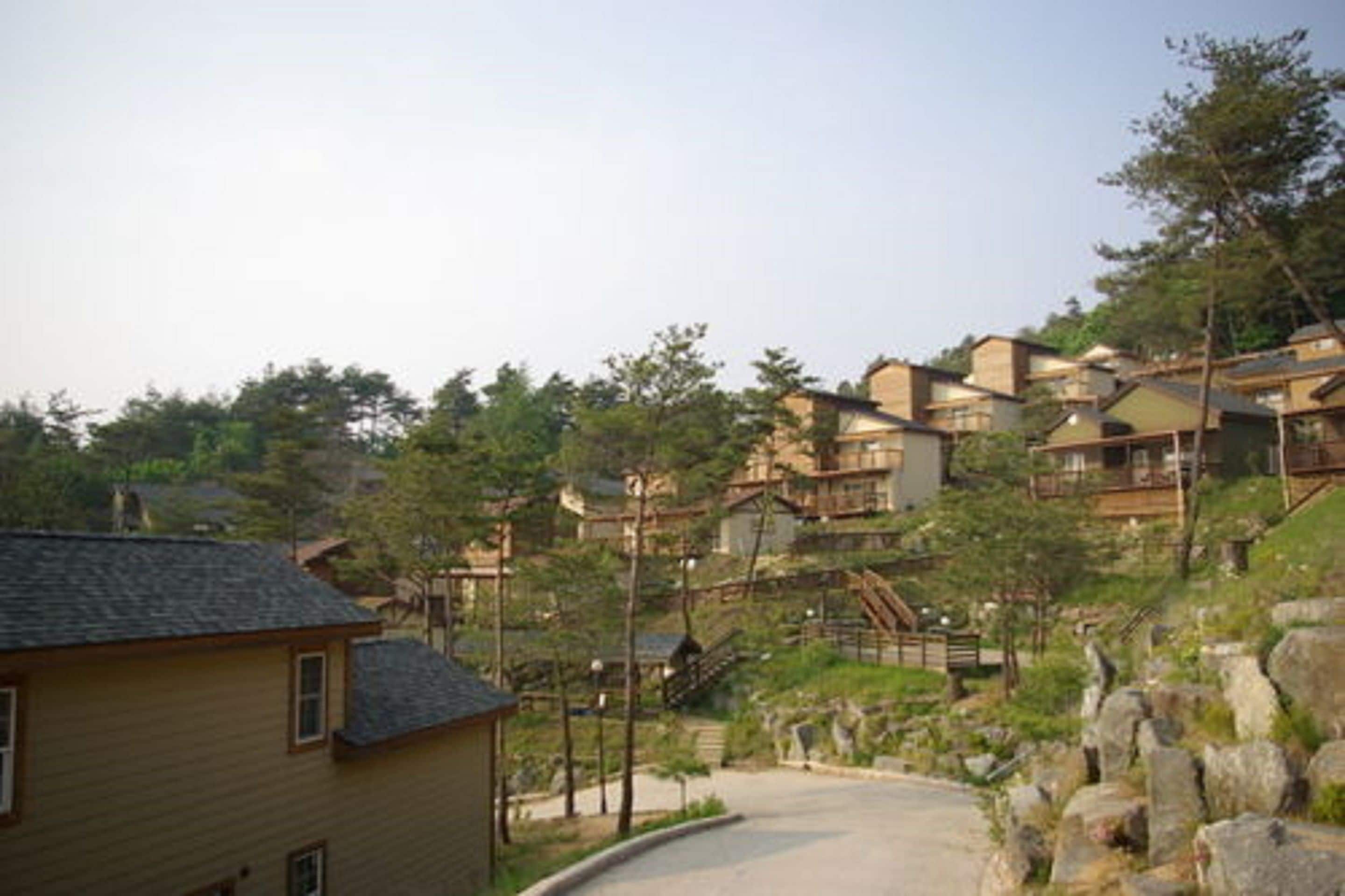 A residential area with multiple wooden houses on a hillside, connected by wooden walkways.