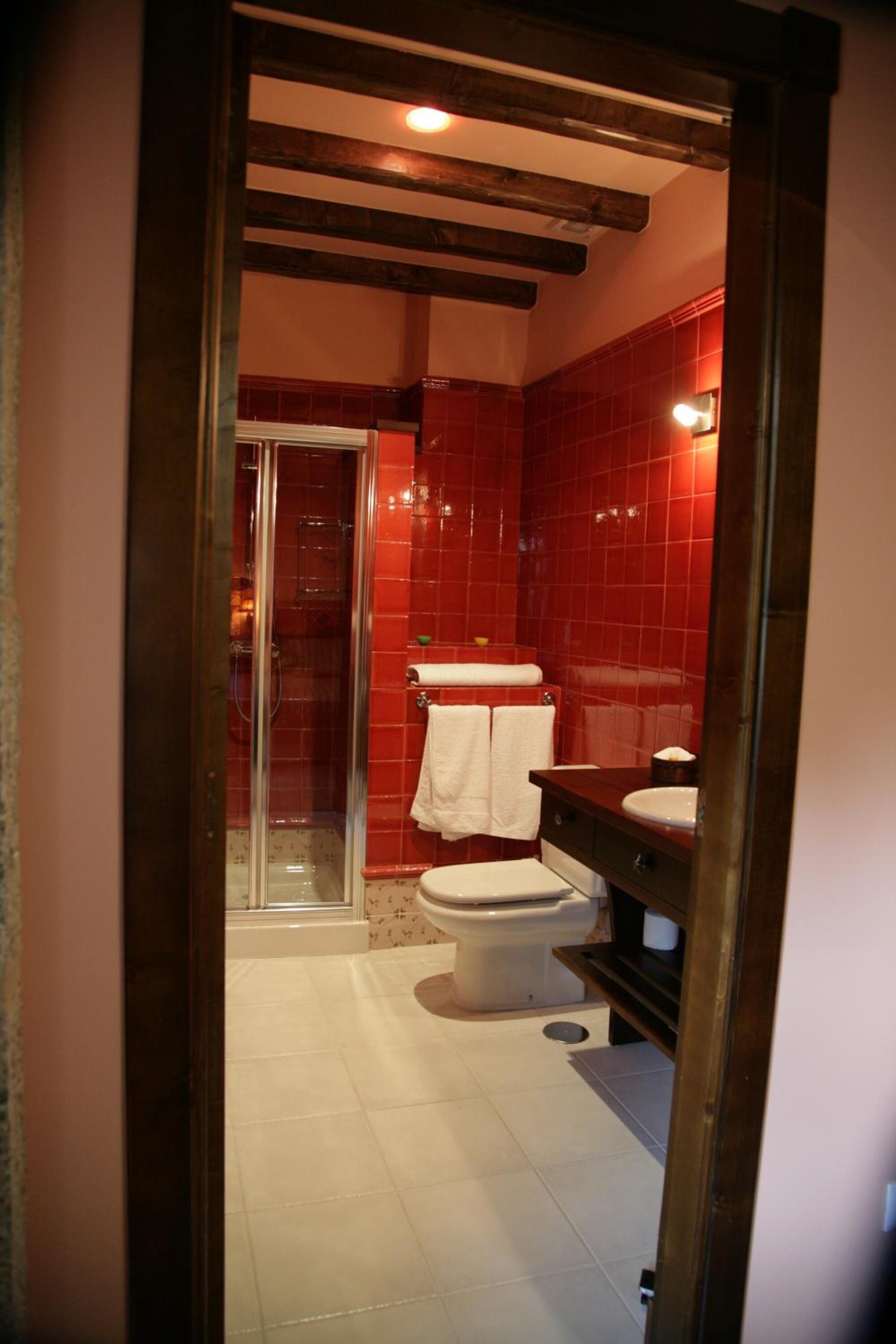 A bathroom with a glass-enclosed shower, a white toilet, and a red-tiled wall.