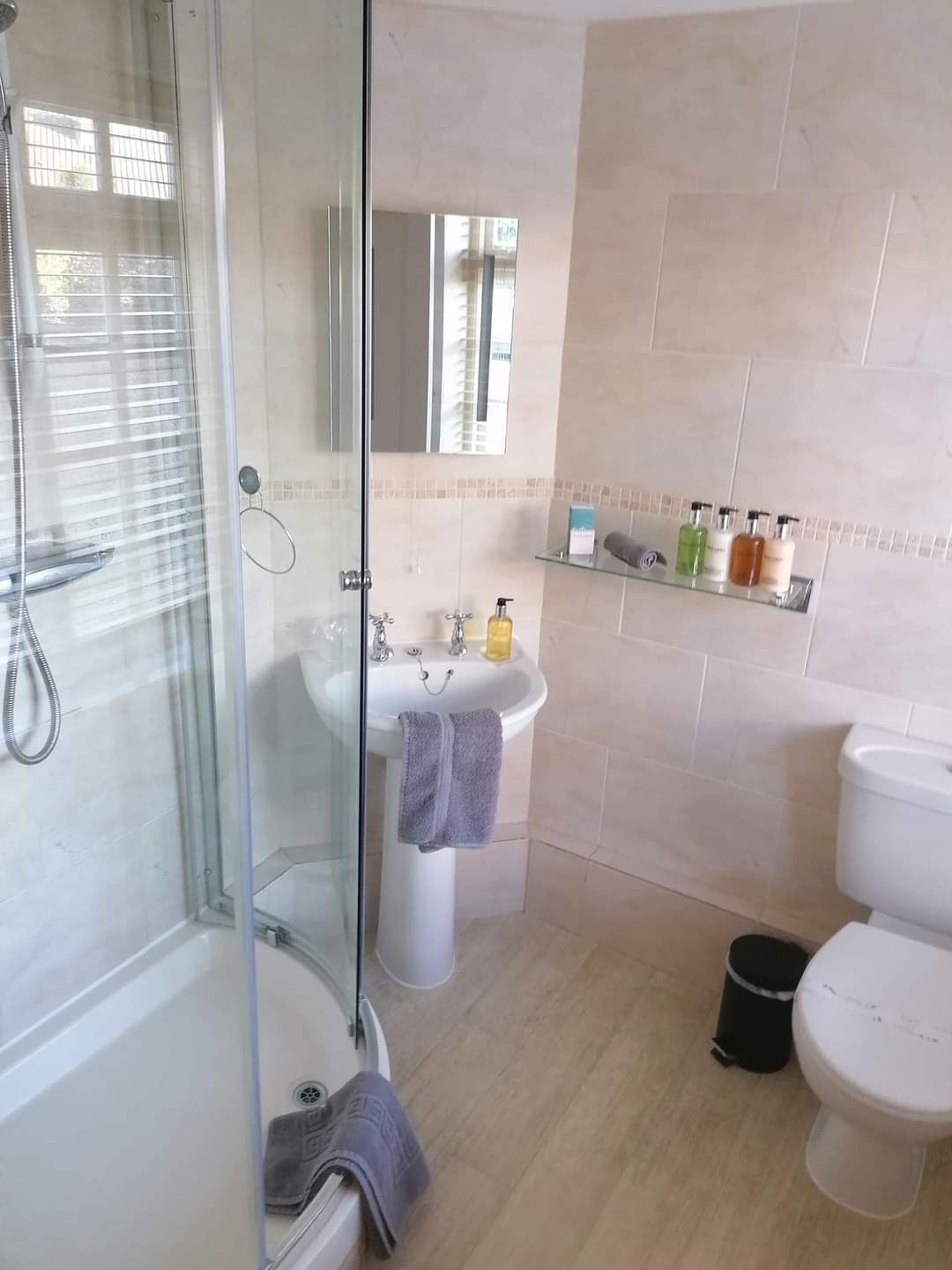 A modern bathroom with a glass-enclosed shower, a pedestal sink, and a toilet.