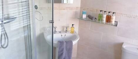 A modern bathroom with a glass-enclosed shower, a pedestal sink, and a toilet.