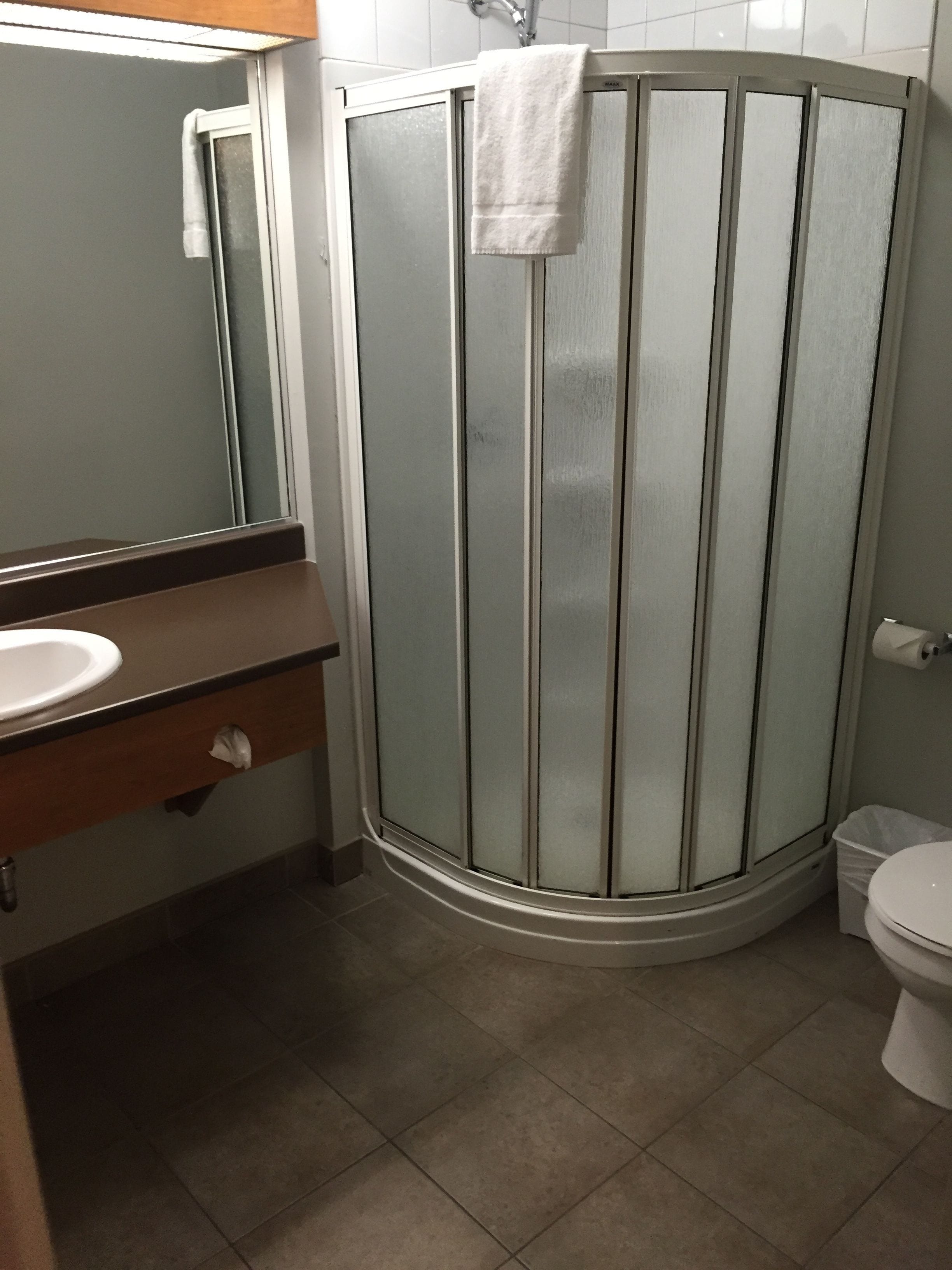 A bathroom with a glass shower enclosure, a white sink, and a toilet.