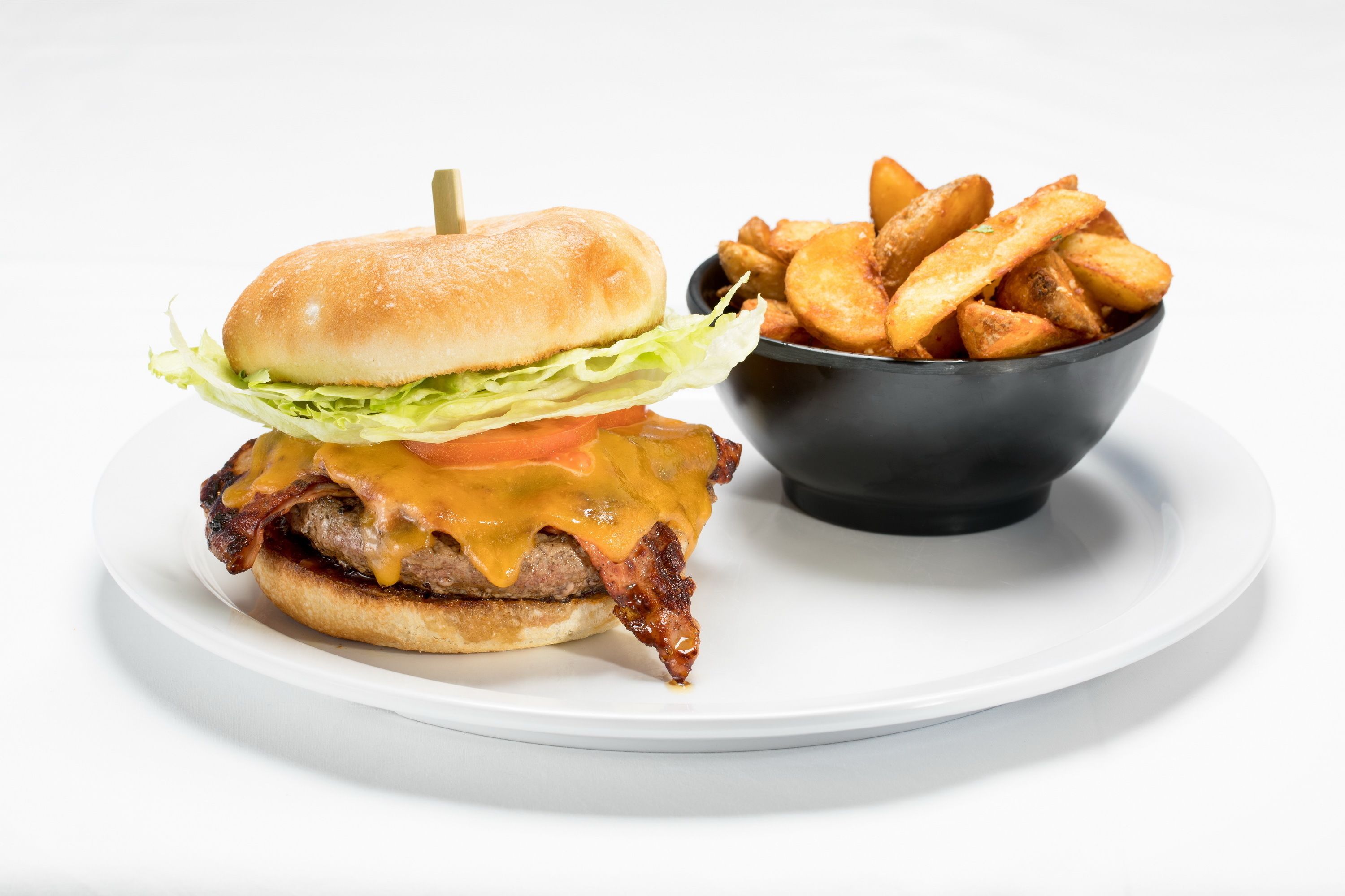 A plate with a burger and a bowl of fries.