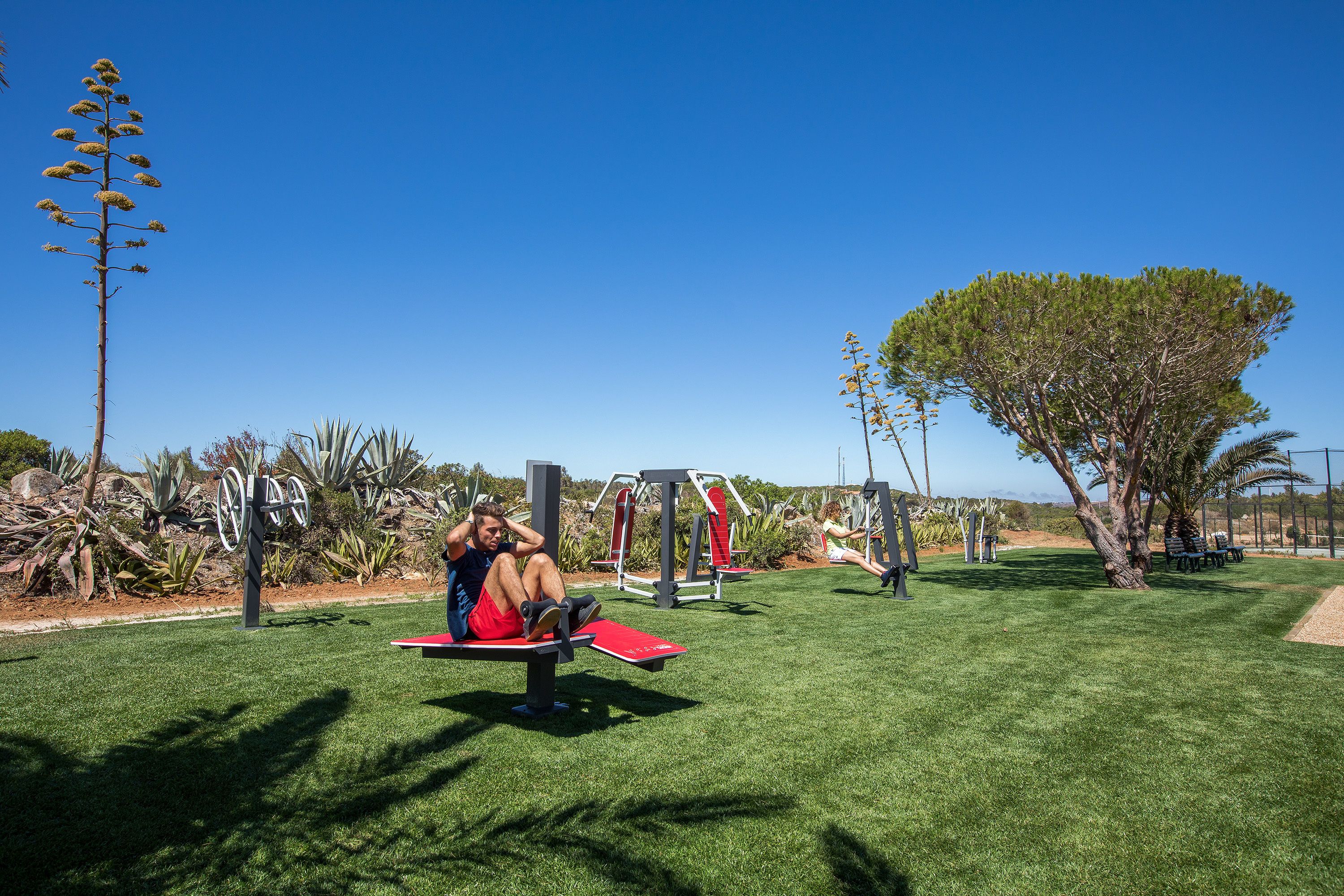 An outdoor exercise area with exercise equipment and a grassy field.