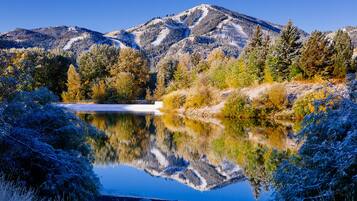 A serene lake with a mountain backdrop, surrounded by trees and shrubs.