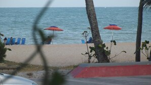 A beach with blue lounge chairs and red umbrellas, a palm tree, and the ocean in the background. - Escuna Praia Hotel (João Pessoa)