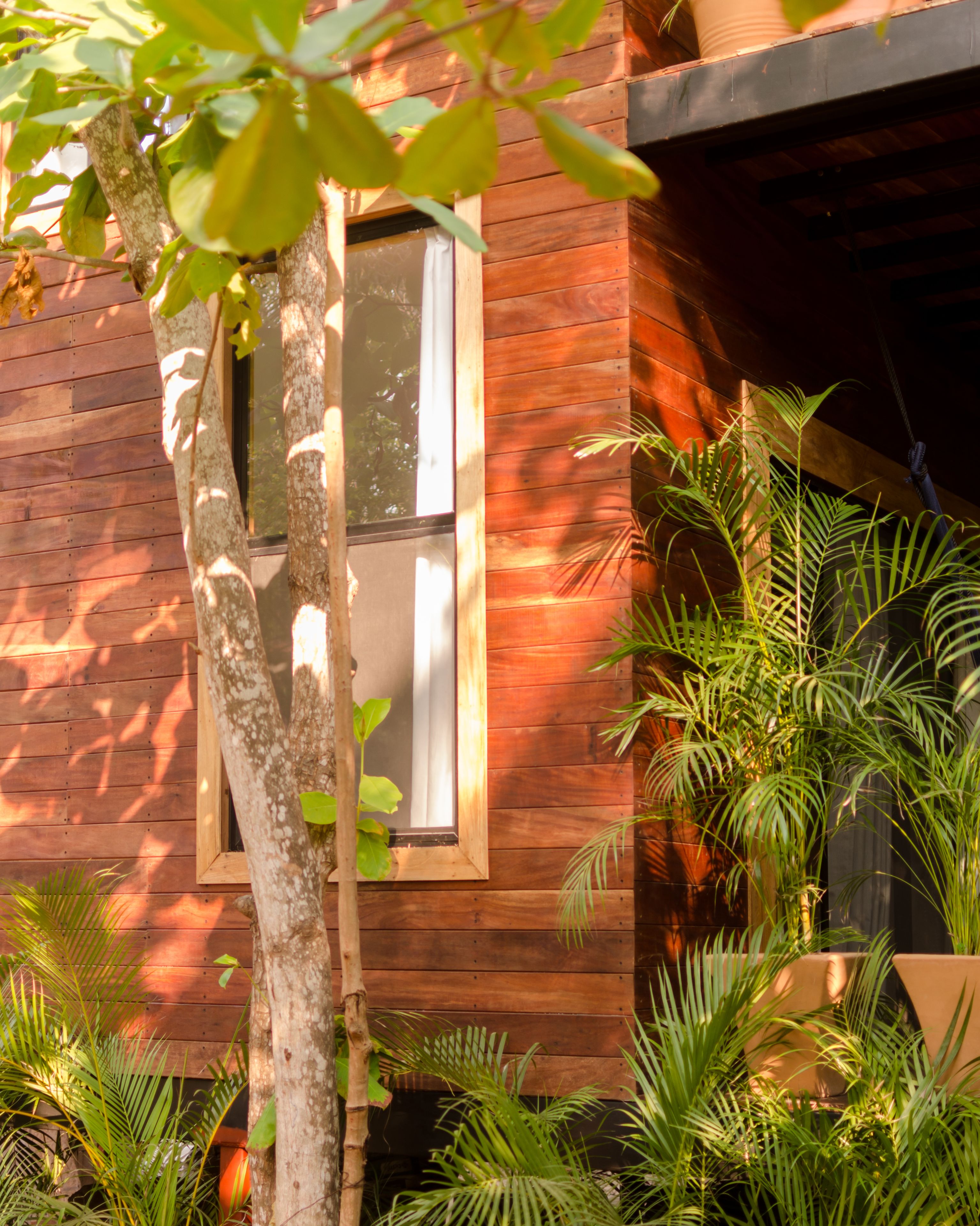 A wooden building with a window and a tree in front.