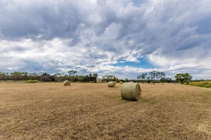 A field with hay bales under a cloudy sky. - Vineyard Trail Cottages - Adults Only (Fredericksburg)