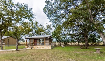 A rustic cabin with a porch and a picnic table in a grassy area surrounded by trees.