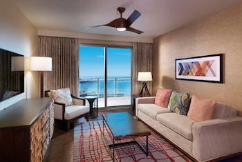 Hotel room view looking out at Hilton Grand Vac Club The Grand Islander Waikiki Honolulu