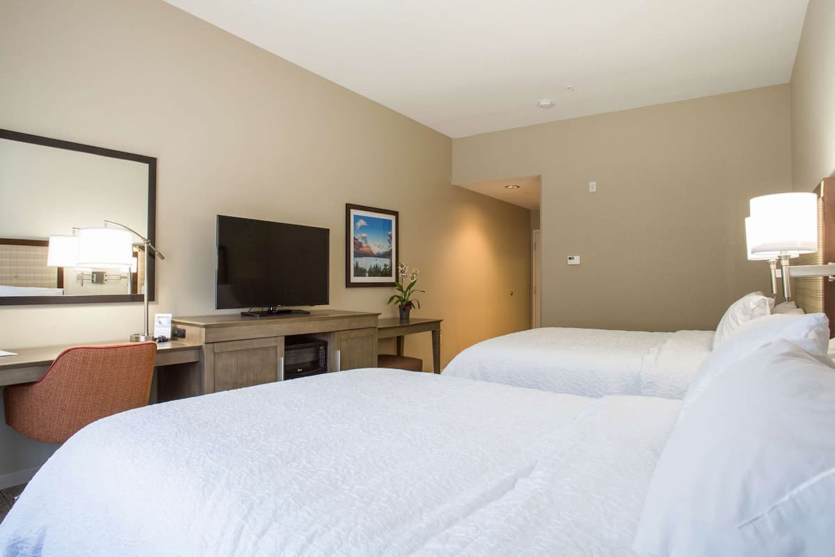 A hotel room with two beds, a desk with a television, a mirror, and a picture on the wall.