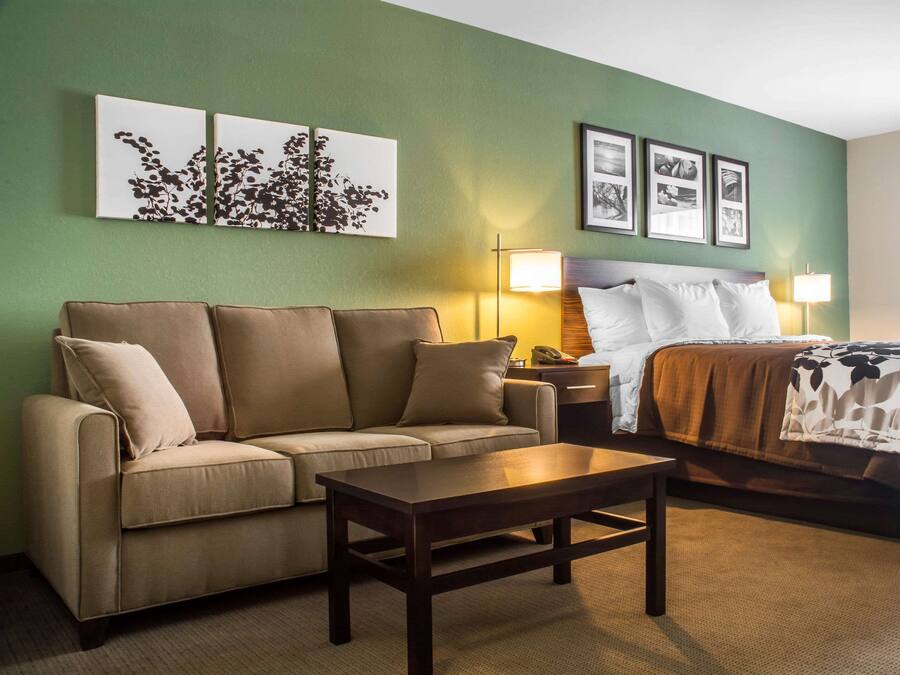 A hotel room with a sofa, a bed, a nightstand, and a lamp.