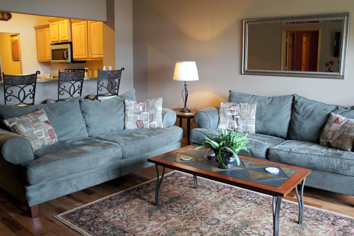 A living room with two grey sofas, a coffee table, a lamp, and a patterned rug.