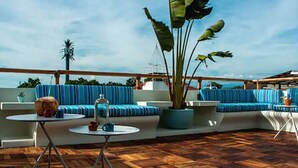 Una terraza en la azotea con asientos a rayas azules, una planta grande en maceta y suelo de madera.