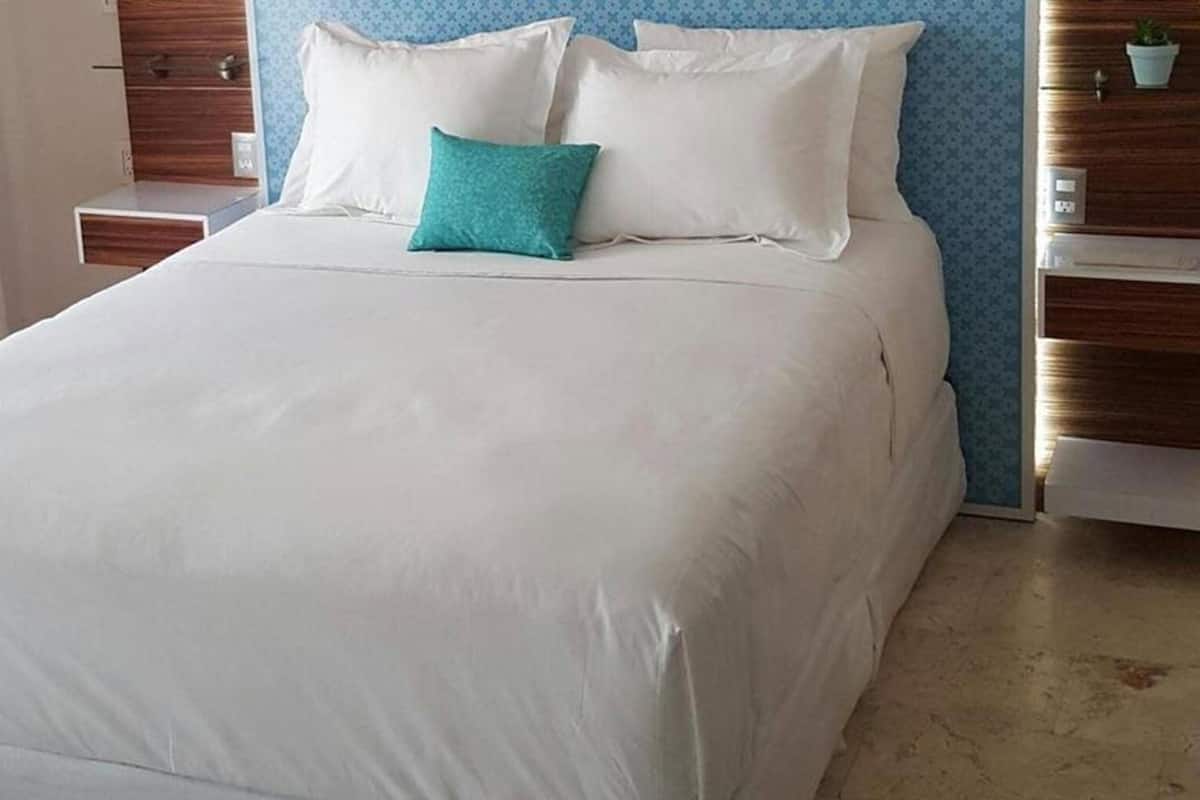 Un lit bien fait, avec du linge de lit blanc et un coussin décoratif de couleur turquoise, une table de chevet en bois et une petite plante en pot posée sur une commode en bois.