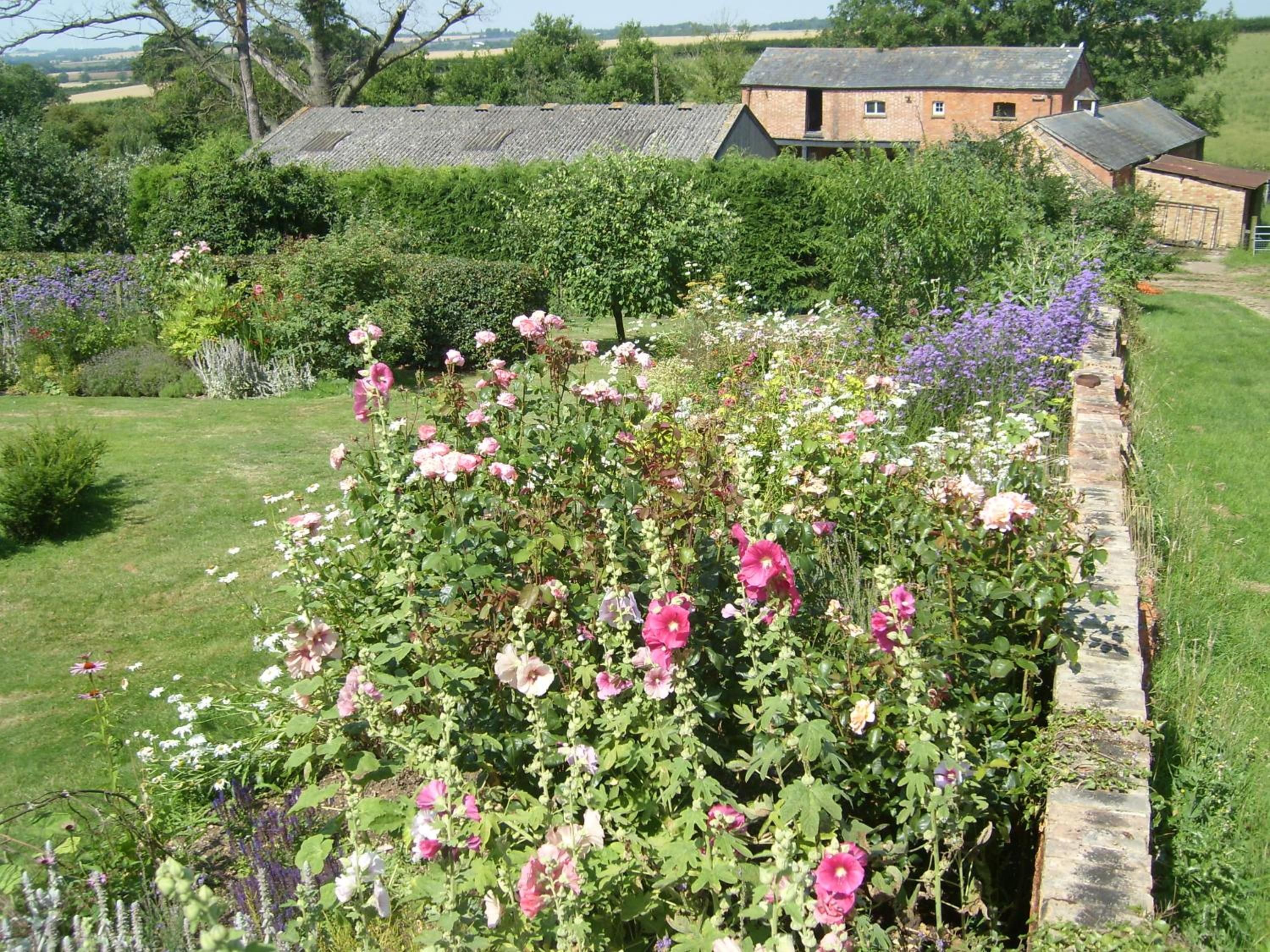 A garden with a variety of flowers and a brick building in the background.