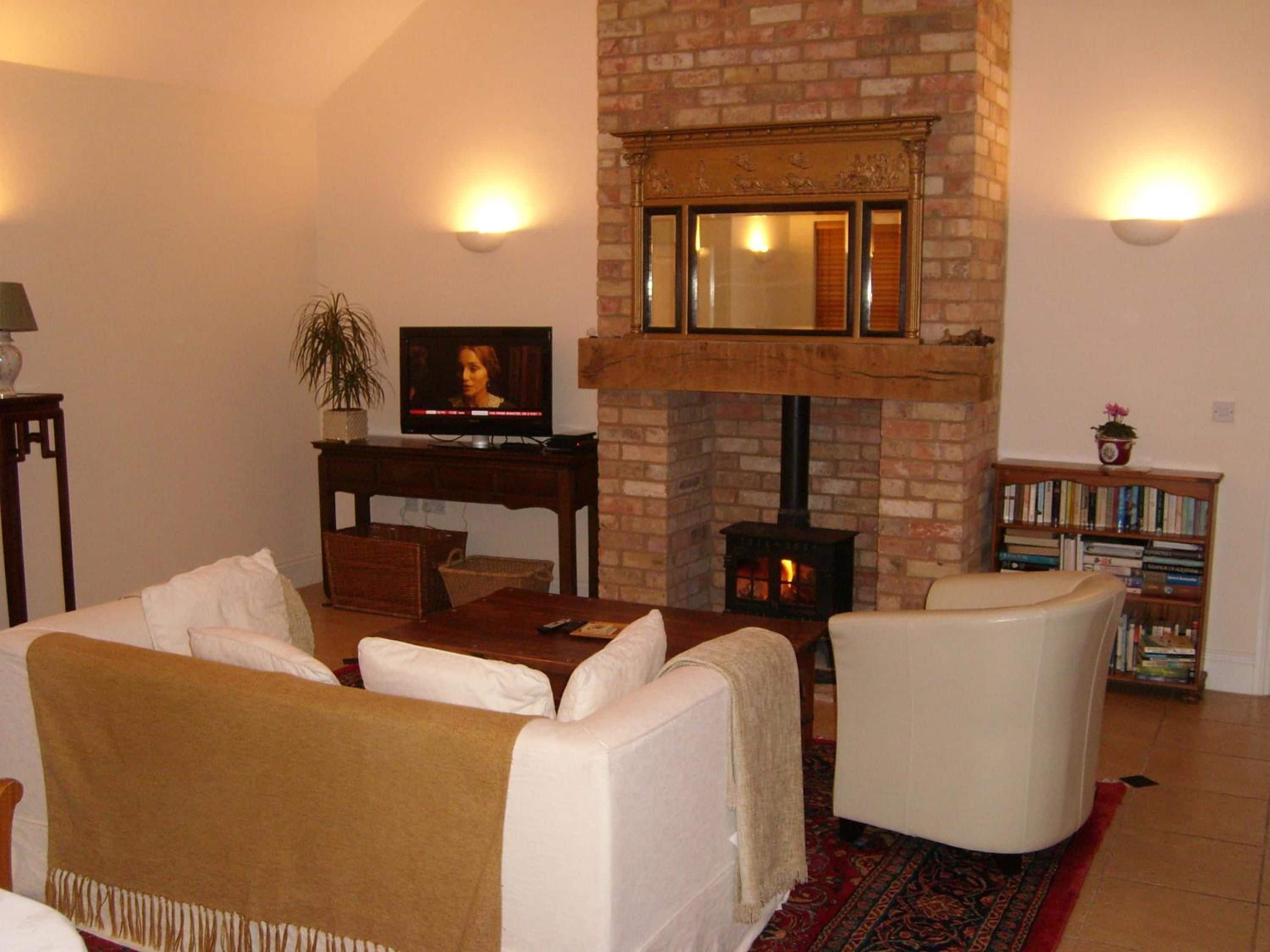 Una sala de estar con chimenea, televisor y estantería.