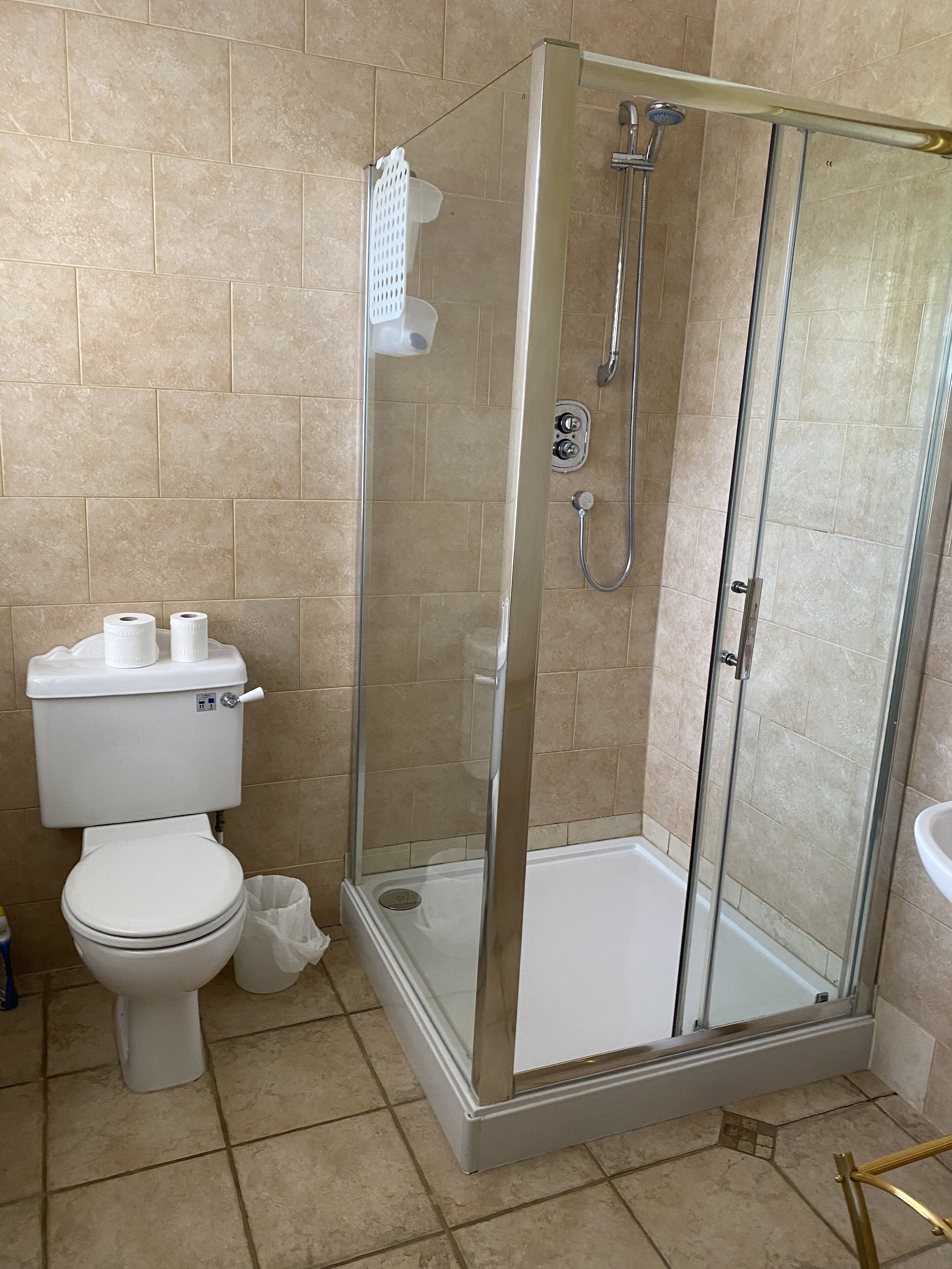 A bathroom with a glass-enclosed shower, a toilet, and a sink.