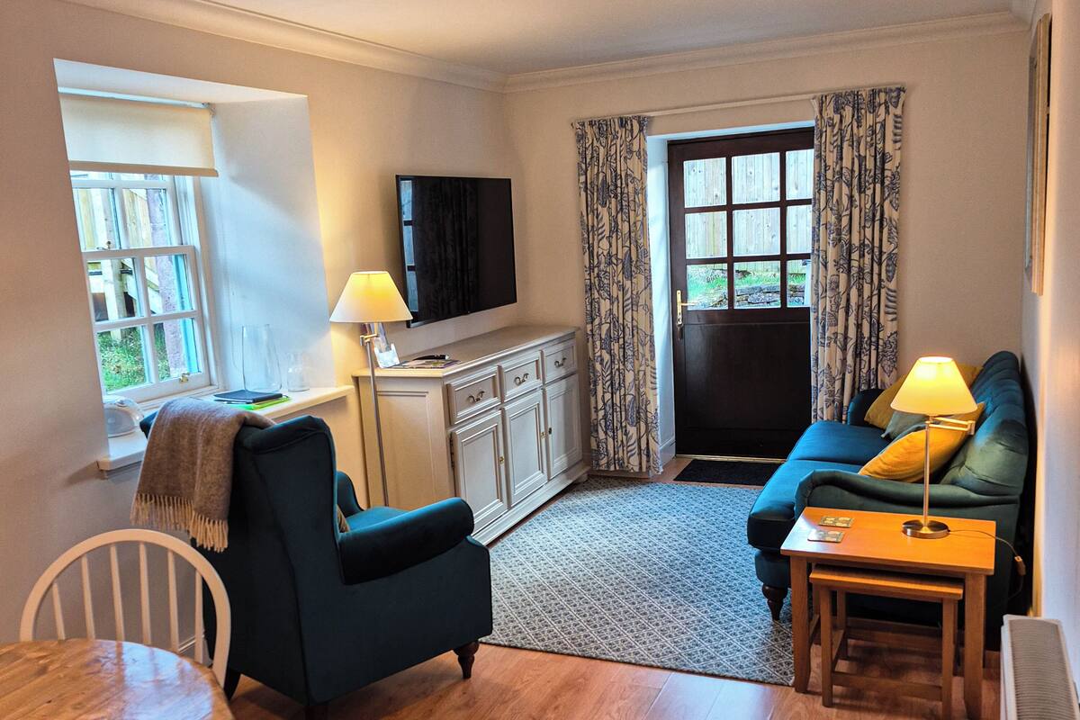 A compact living space with a sofa, a chair, a small table, a TV, and a window.