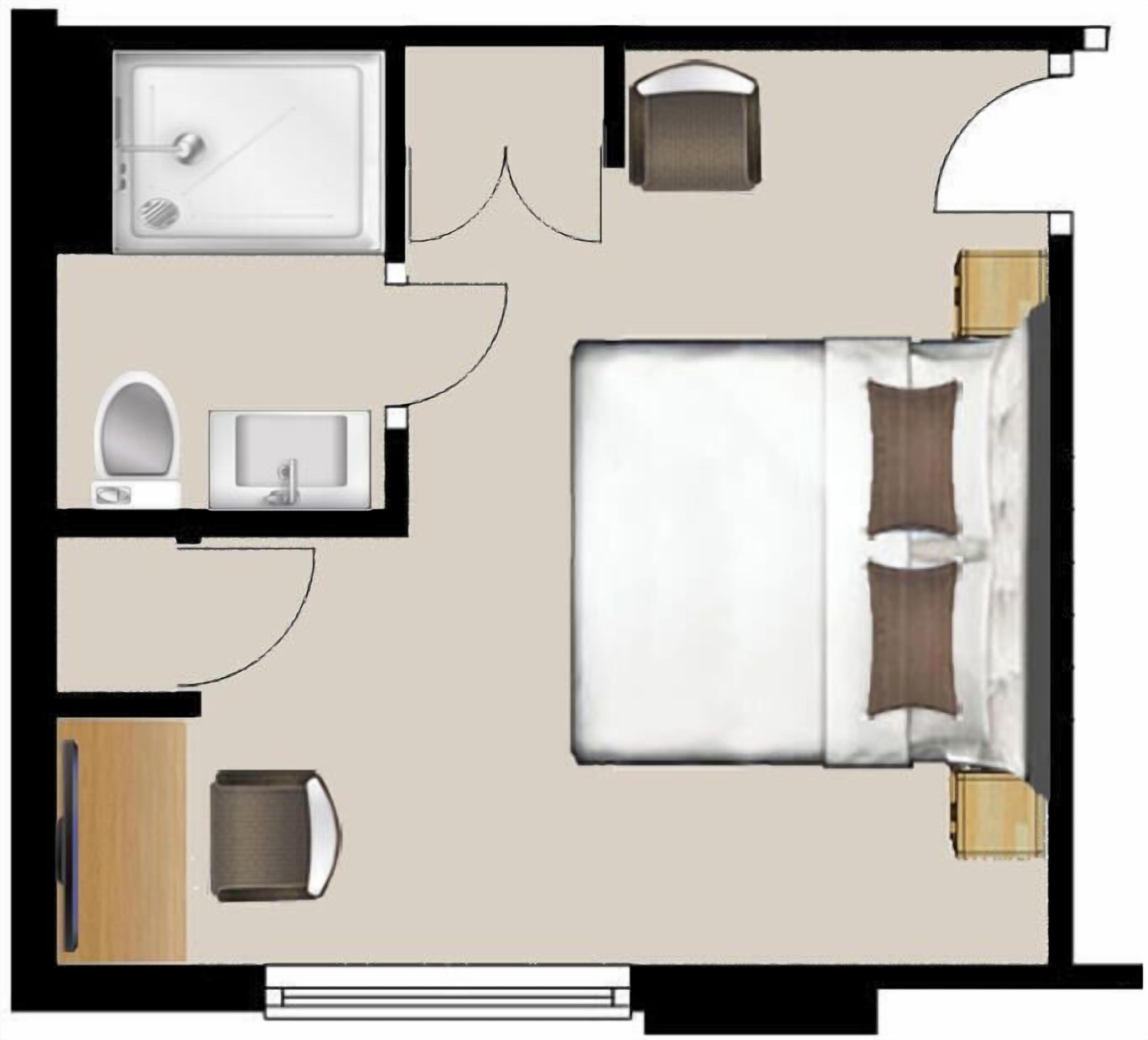 Un plan d’aménagement d’une chambre d’hôtel comprenant un lit, une salle de bain, un bureau et une chaise.