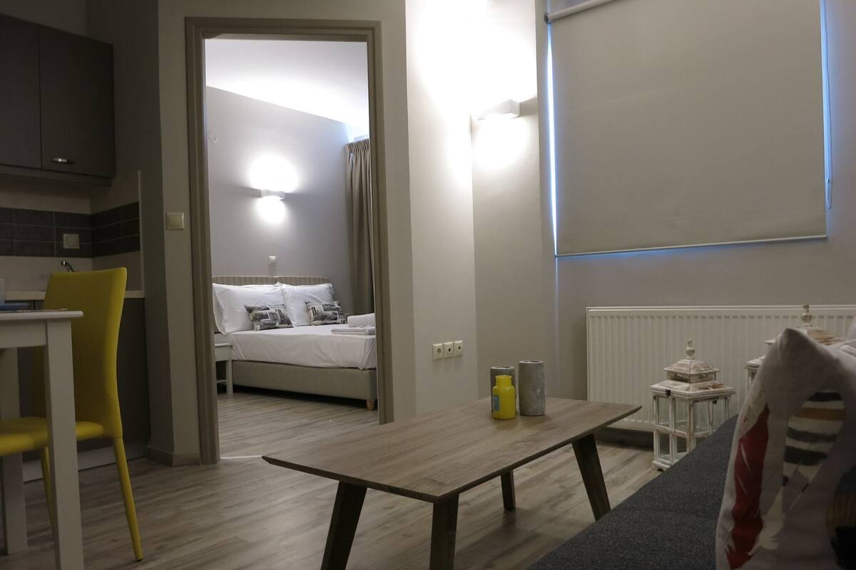 A modern, well-lit room with a bed, a dining table, and a sofa.