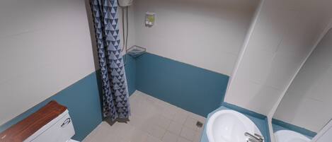 A bathroom with a toilet, a sink, and a shower area.