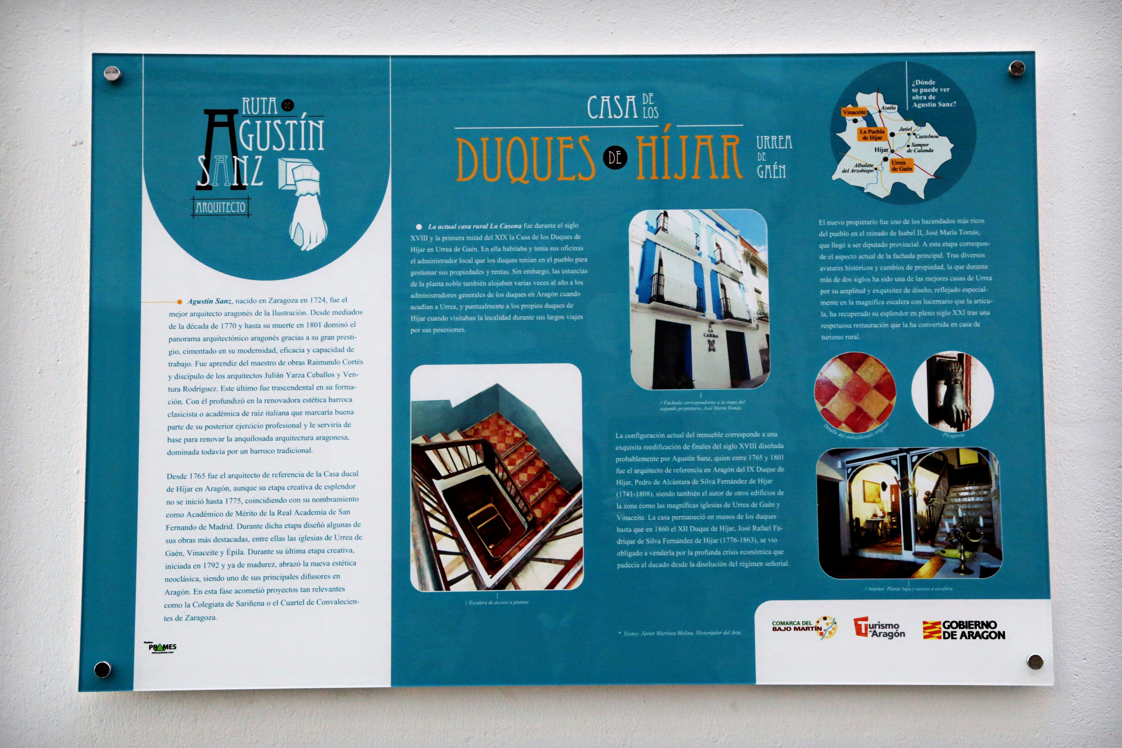 A detailed informational poster about Casa de los Duques de Hijar, including its history, architecture, and current state.