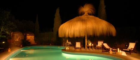 Outdoor pool, pool umbrellas, pool loungers