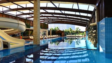 2 indoor pools, seasonal outdoor pool, pool umbrellas, pool loungers