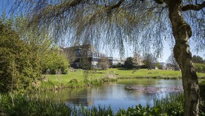 A serene park with a pond, lush greenery, and a building in the background. - University of Bath Guest Accommodation (Bath)