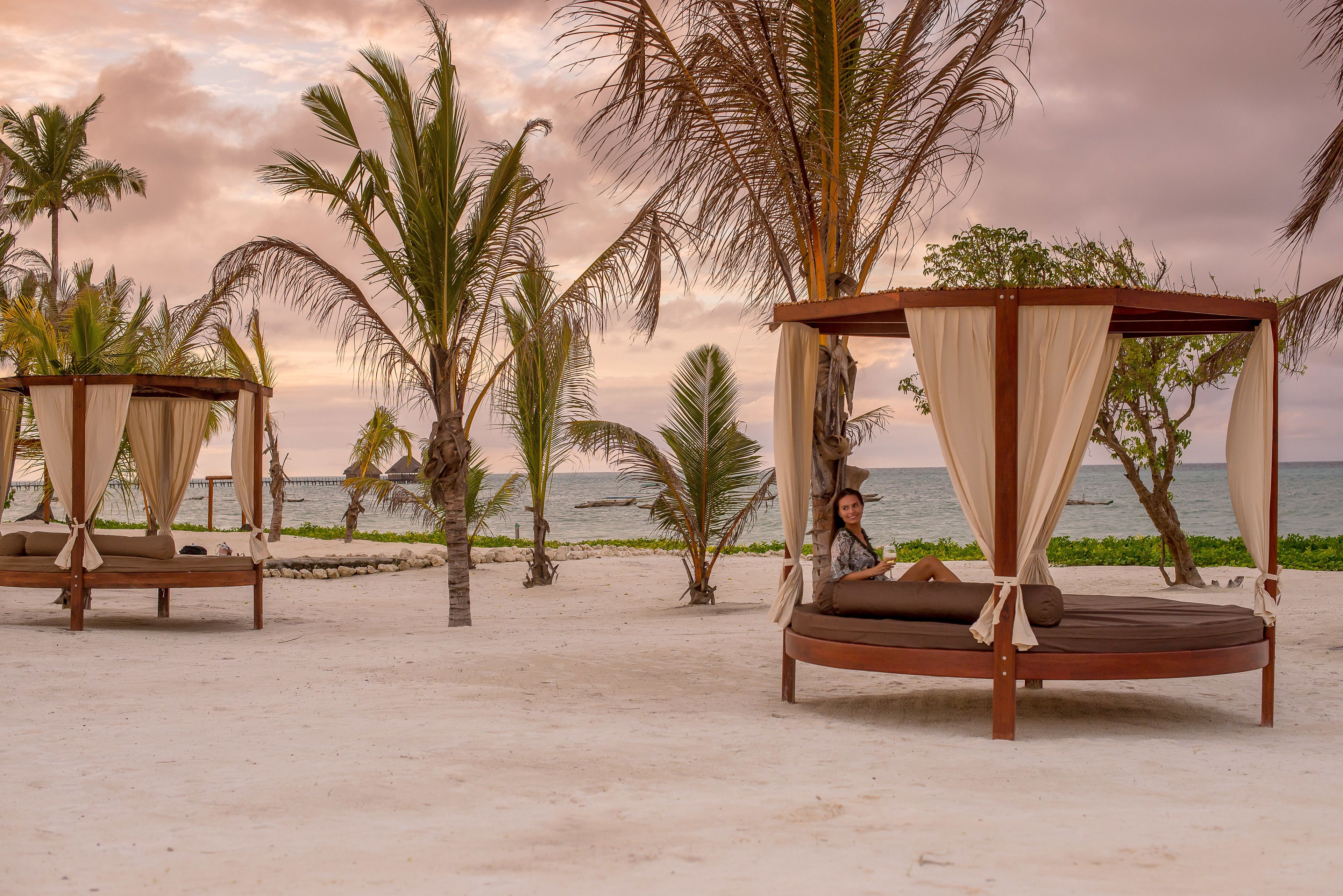 Escena de playa con una cama con dosel y palmeras.