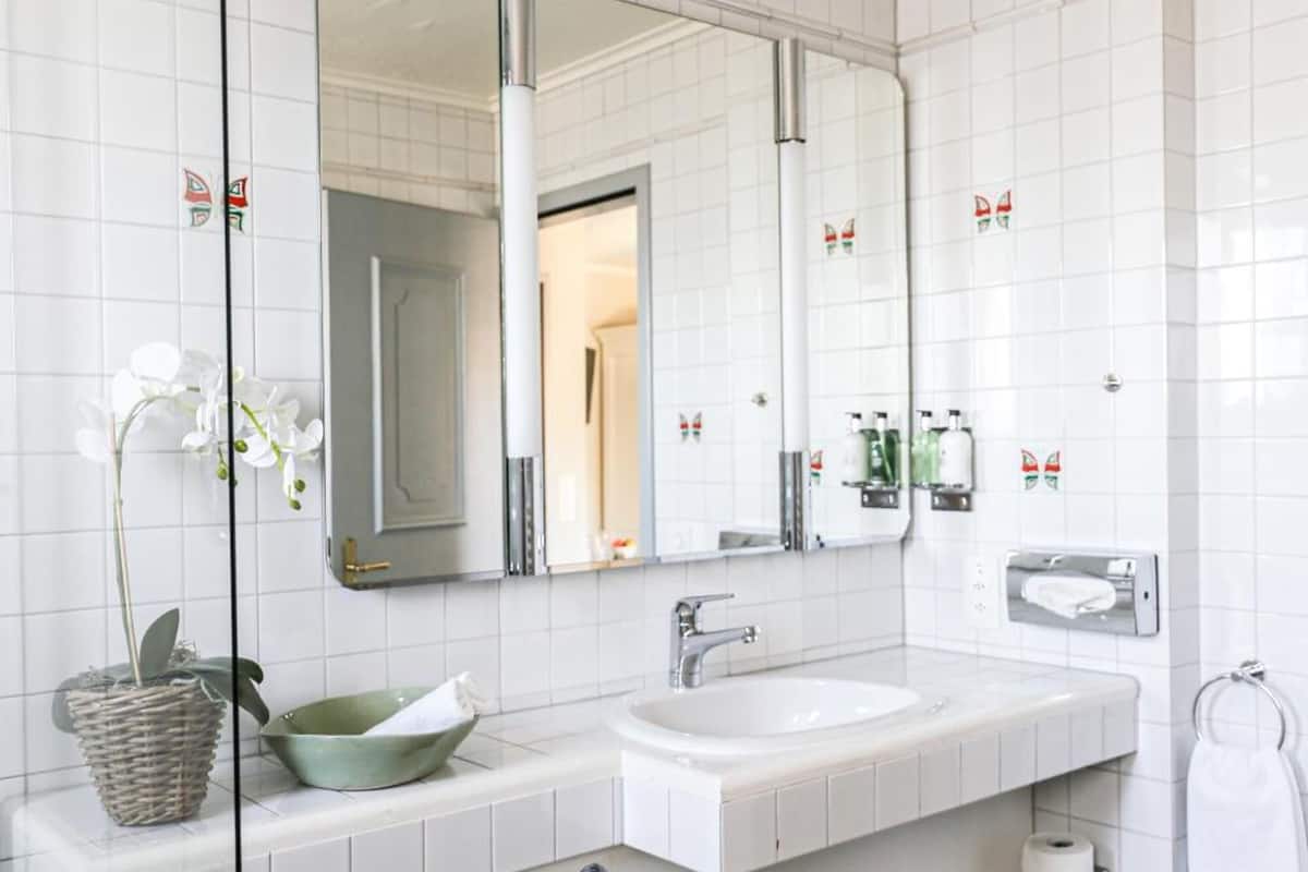 combined shower/bathtub, free toiletries, hair dryer, towels