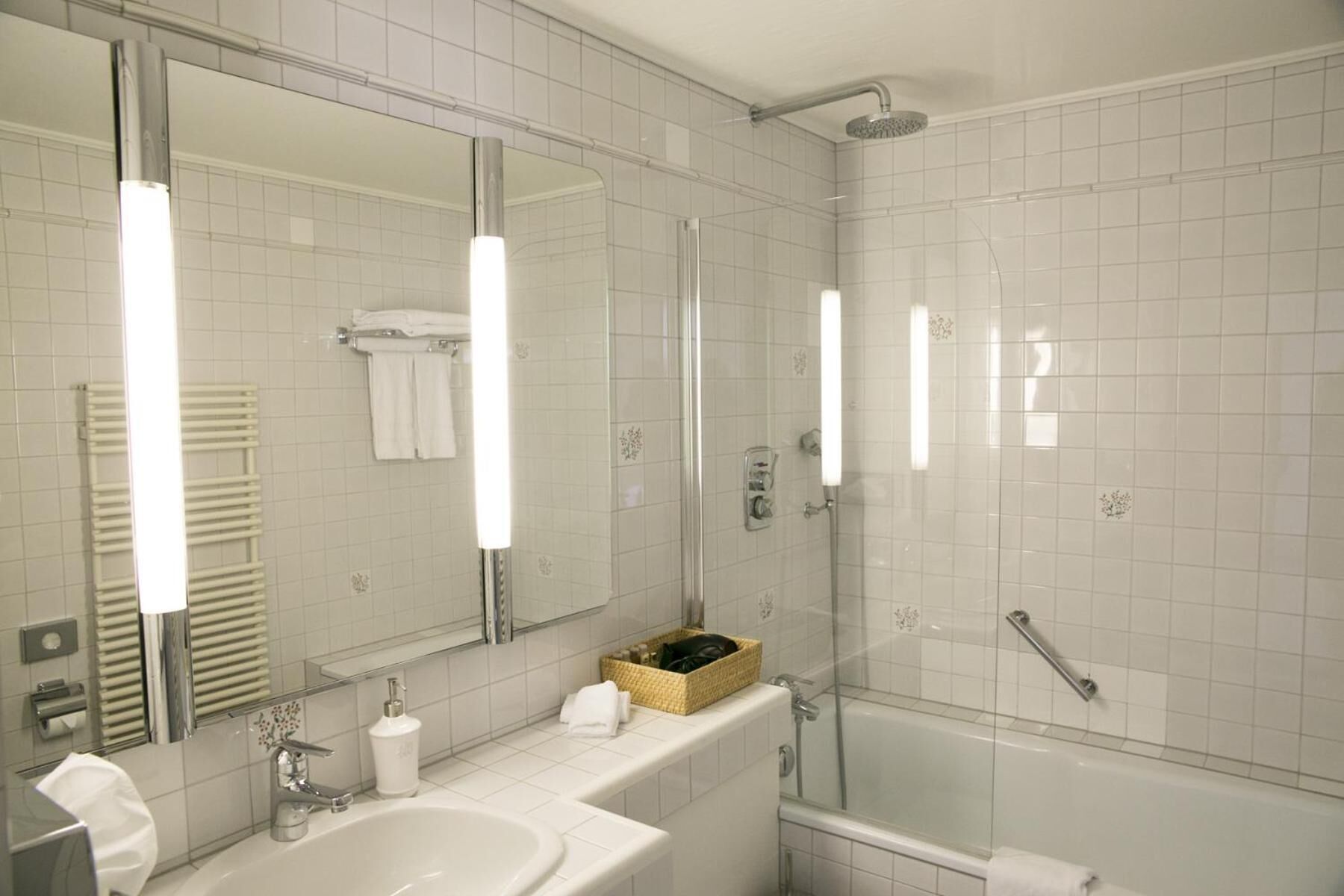 combined shower/bathtub, free toiletries, hair dryer, towels