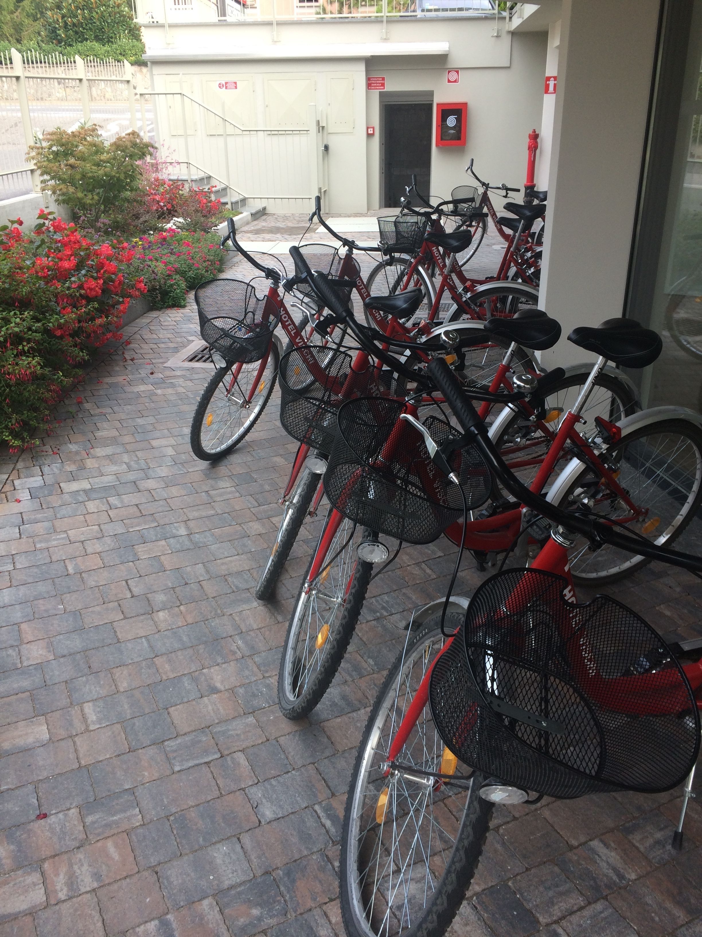 Una hilera de bicicletas rojas estacionadas sobre un camino de ladrillos frente a un edificio con una puerta blanca y un hidrante rojo cercano.