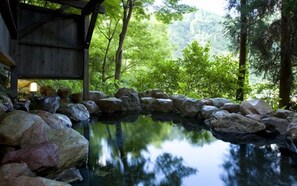 A tranquil outdoor setting with a wooden structure, a rock-lined pond, and lush greenery. - Ukiha Bekkan Shinshiyo (Hita)