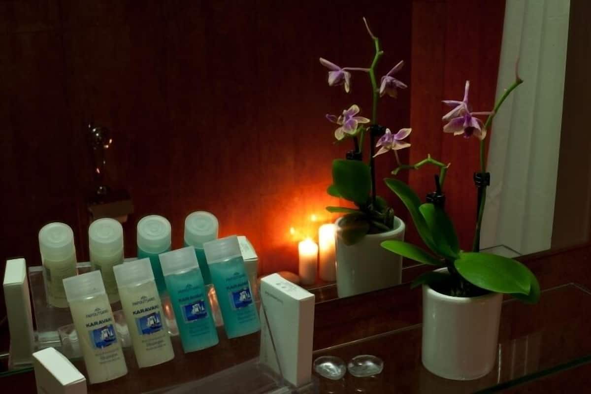 designer toiletries, hair dryer, towels