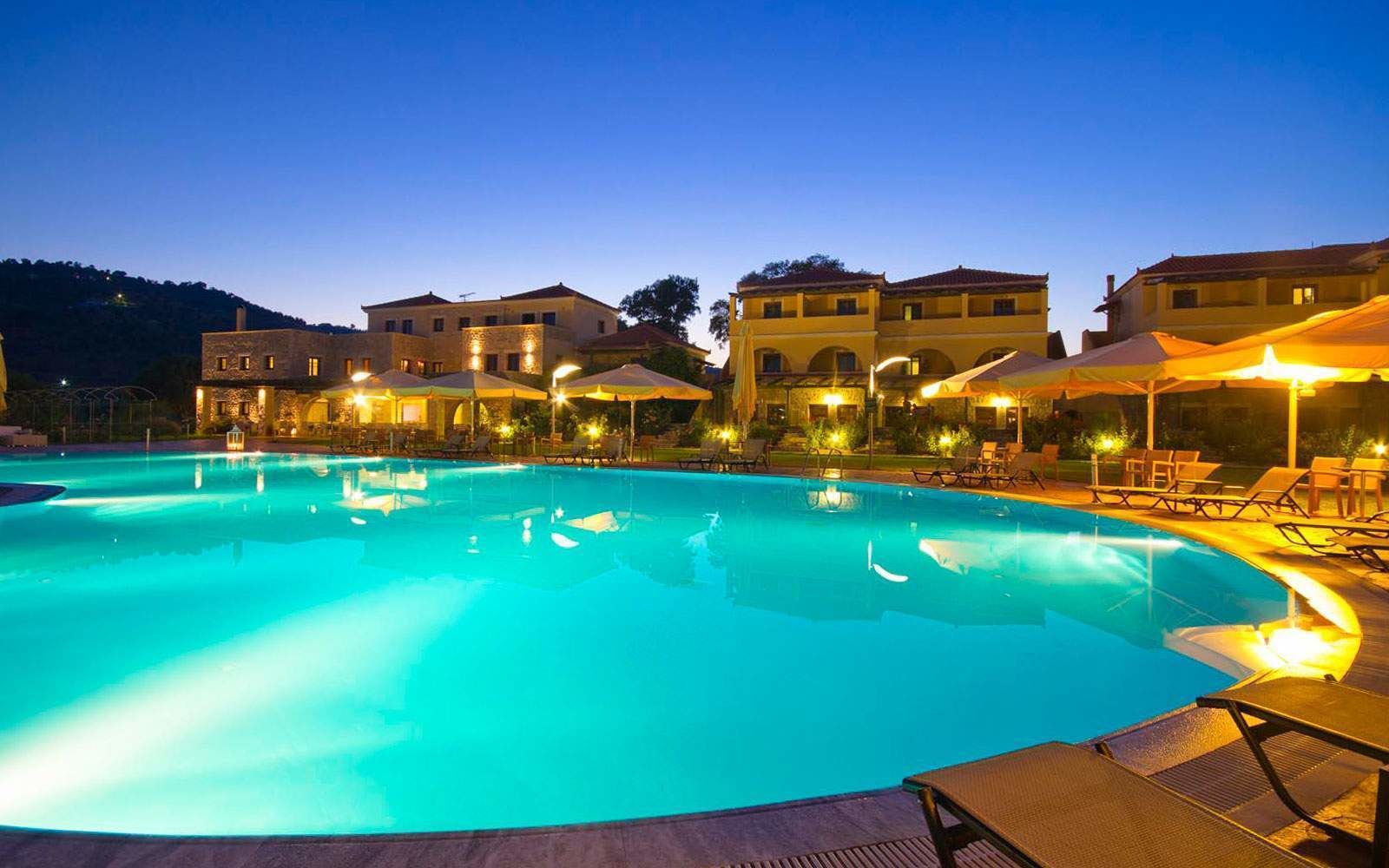 seasonal outdoor pool, pool umbrellas, pool loungers