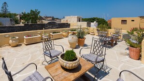 Una terrazza sul tetto con posti a sedere all'aperto, piante in vaso e vista sulla città.