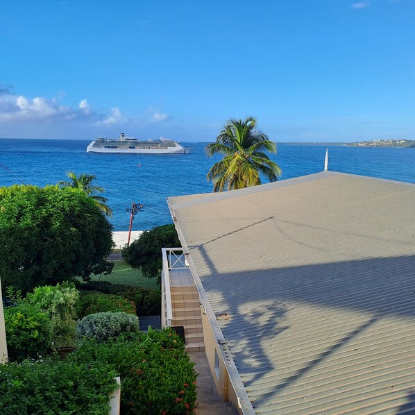 A view of a coastal area with a large cruise ship in the distance, a palm tree, and a building with a sloped roof.