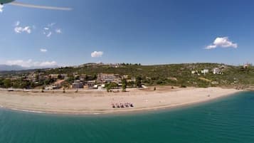 On the beach, sun-loungers, beach umbrellas