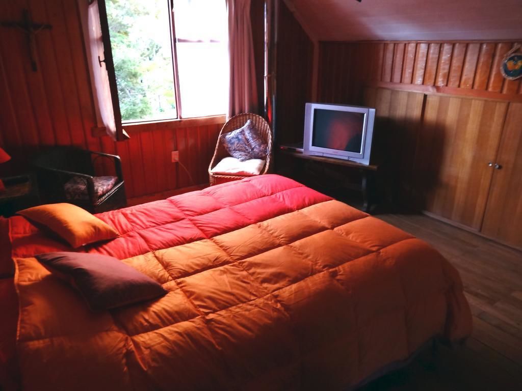 A room with a large bed, a television on a stand, a chair, and wooden walls.