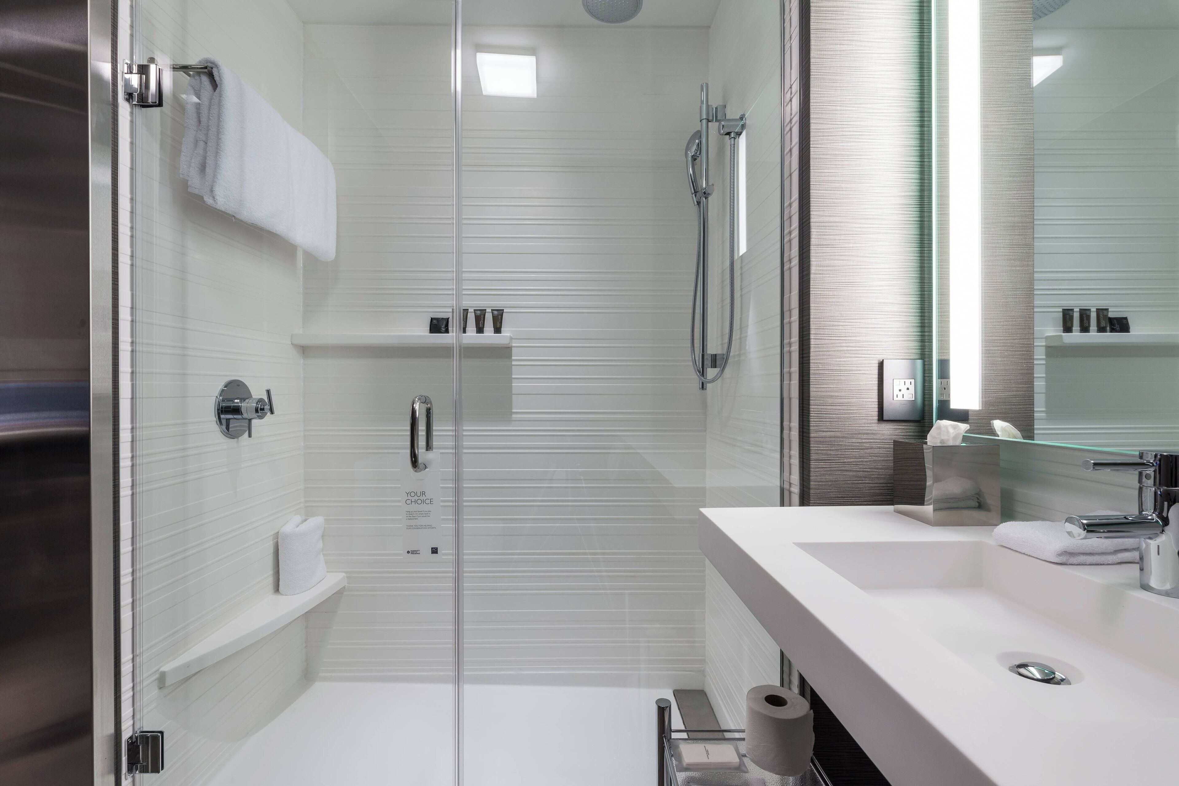 rainfall showerhead, hair dryer, towels