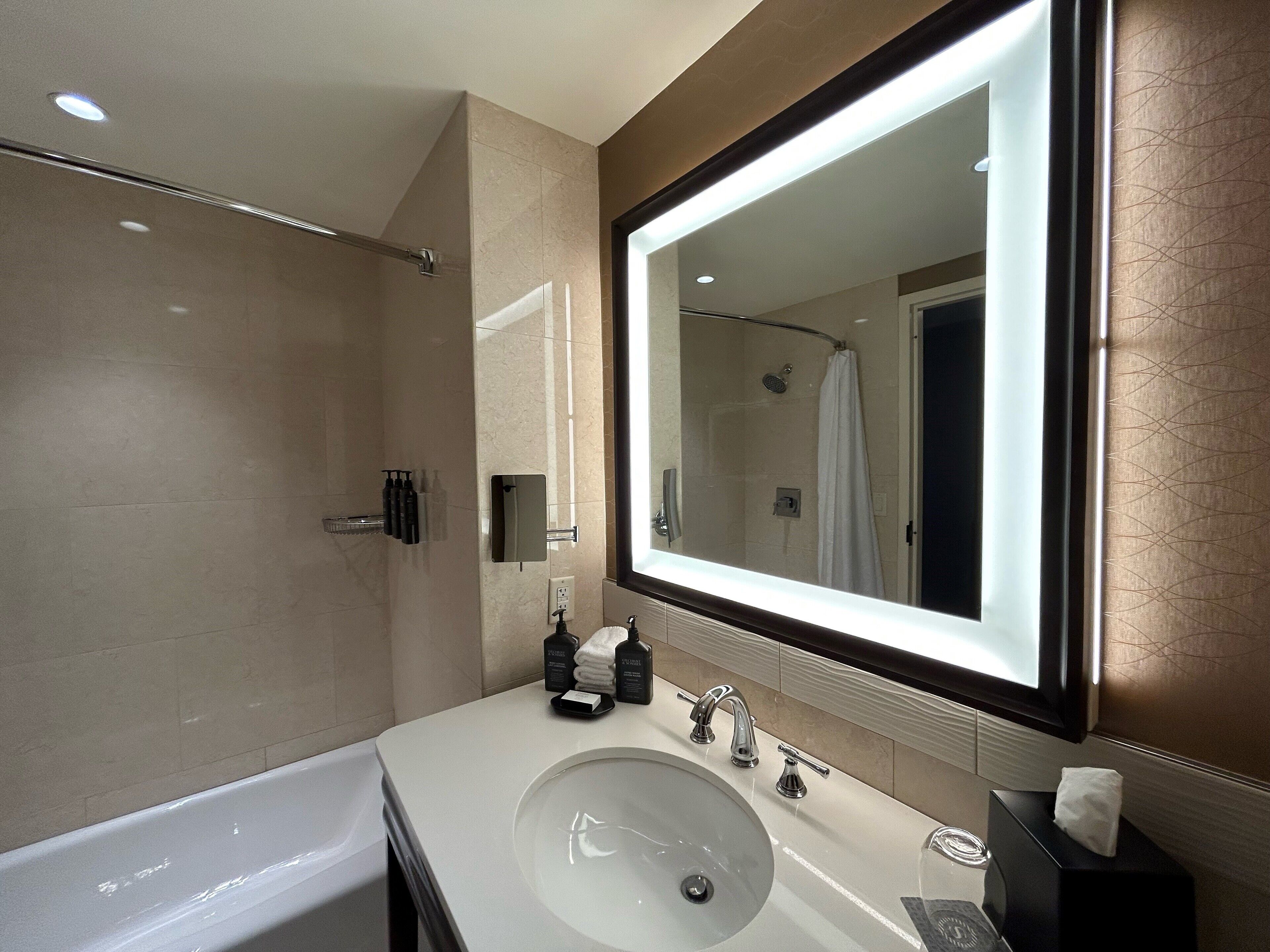 shower, designer toiletries, hair dryer, towels